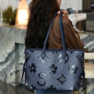 Designer-Style Navy Leather Tote Bag